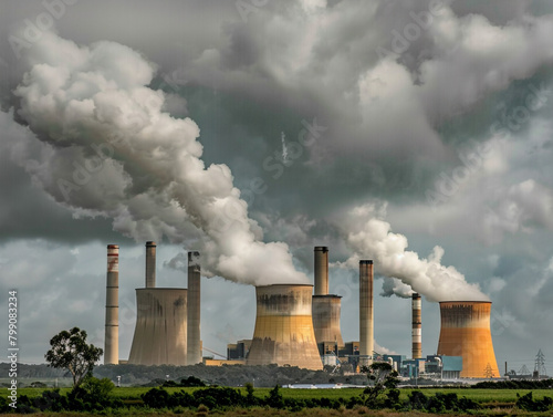 A power plant with large chimneys and smoke rising from them, symbolizing the use of coal for energy production.  © Aisyaqilumar
