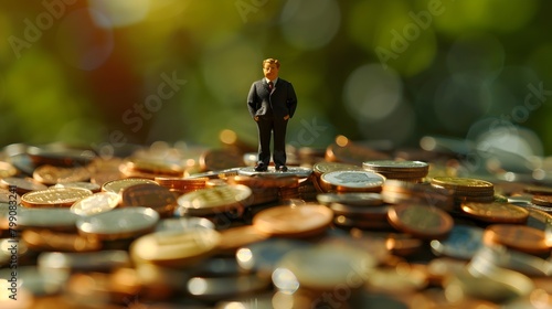 Miniature Business Executive Figurine Atop Pile of Coins Symbolizing Economic Prosperity and Financial Success