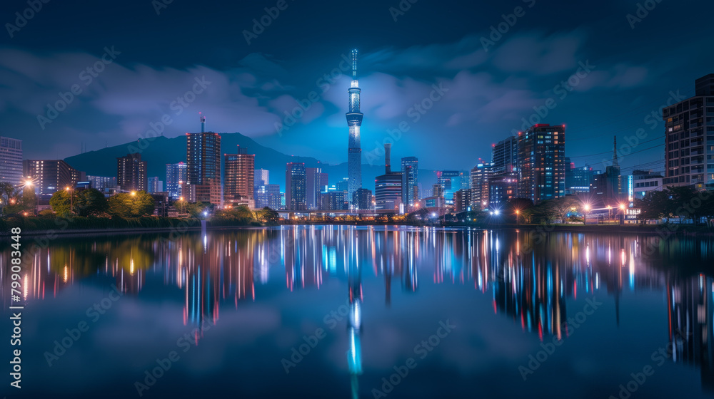 A stunning night scene of a modern city skyline with reflection in the water and bright city lights illuminating the architecture