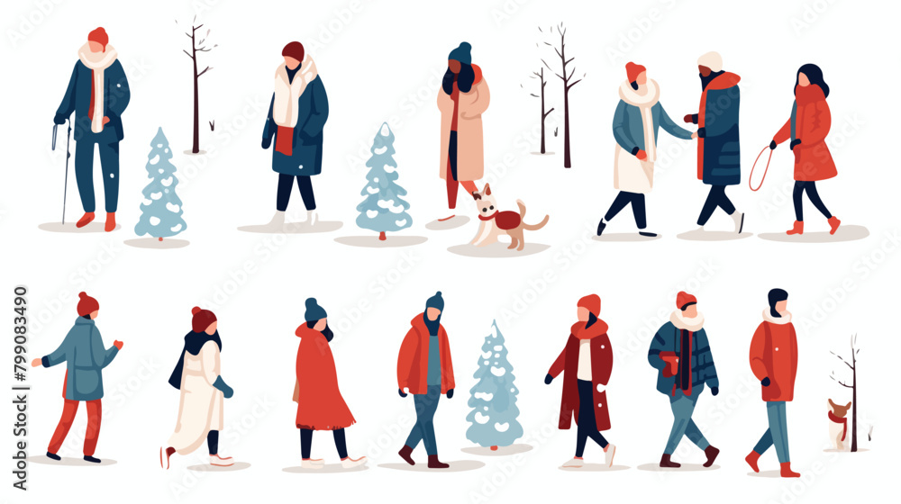 People in winter outwear walking flat vector illust