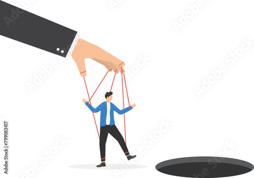 Businessman controlled as puppet on strings vector concept, symbol of corporate bad ethics and morals, corruption, businessman controlled as puppet on strings walking to trap

