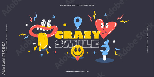 70s retro typography slide in groovy style. Vintage groovy mascot, smiling face, heart, location mark and trendy hand. Cartoon colorful characters.