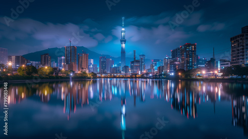 A stunning night scene of a modern city skyline with reflection in the water and bright city lights illuminating the architecture