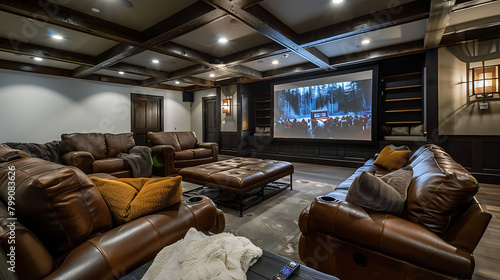 family tv room with leather and wood recliners, a brown ottoman, and a yellow pillow on a wood floo photo