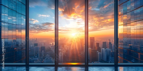 Stunning High Rise City Skyline at Dramatic Sunrise or Sunset with Vibrant Colors Reflecting in Glass Skyscrapers Representing the Growth Success and