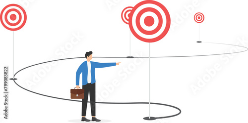 Business project milestones vector concept, journey or execution to achieve business success, businessman holding target on milestones reaching target
