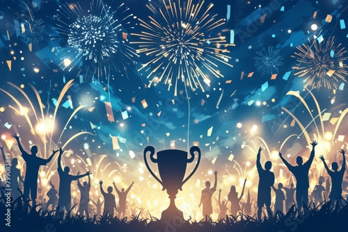 Celebratory crowd with fireworks and championship trophy illustration