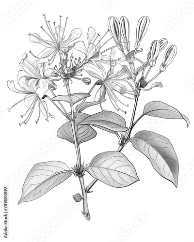 black and white illustration of Honeysuckle, botanical drawing. June birth month flower