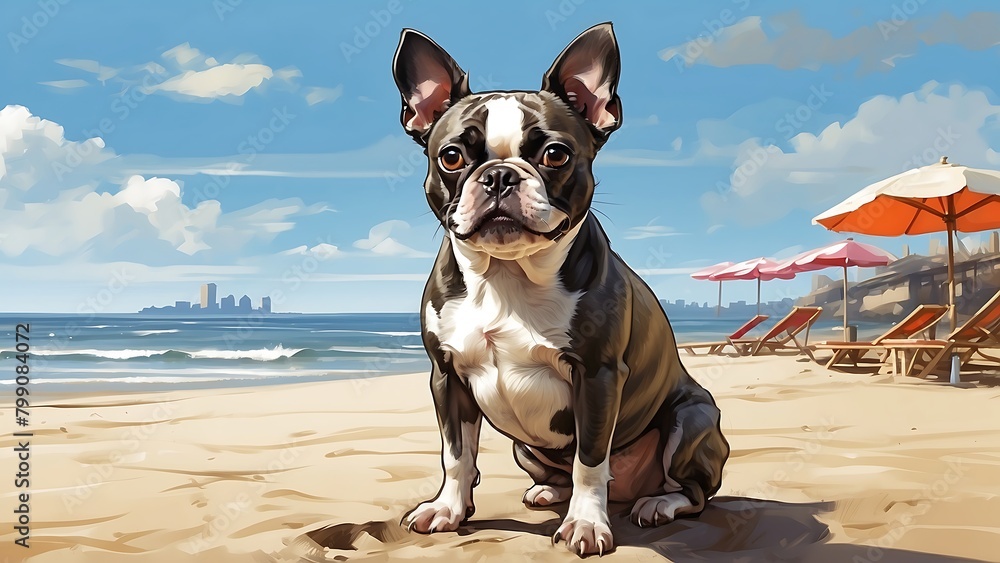 French bulldog sitting on the beach in sunny day. illustration.