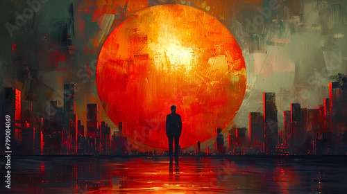 A man standing in front of the city skyline, In digital art style. Abstract painting. Ai Generative photo