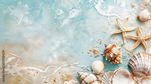 A calming minimalist print featuring subtle watercolorinspired textures of seashells and starfish.. © Justlight
