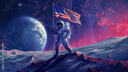 Astronaut holding america flag moon space dramatic background. AI generated