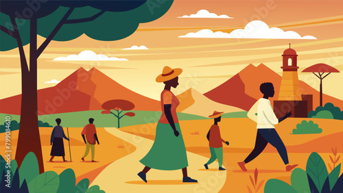A peaceful walk through the countryside marked by symbolic African heritage landmarks as a tribute to those who fought for freedom.. Vector illustration