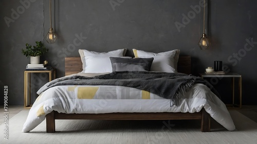 Modern bedroom interior with grey walls, concrete floor, comfortable king size bed
