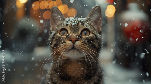 the adorable antics of a cute cat as it navigates the snowy streets of London adorned with festive decorations, bathed in the warm glow of cinematic light