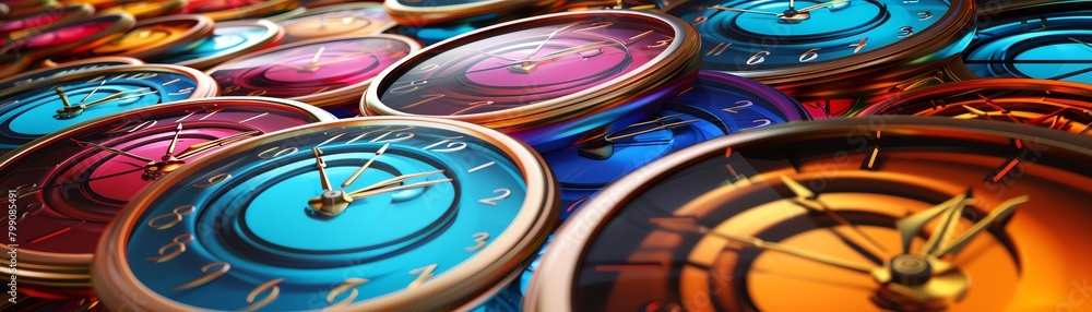 Time management abstract clocks, swirling colors representing hours, vibrant circular patterns, Time management abstract clocks, swirling colors representing hours, vibrant circular patterns,