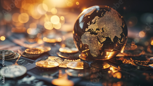 Glass globe with world map over financial papers and coins, symbolizing global economy and finance.
