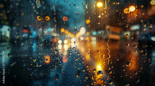 Raindrops on glass with blurred city lights in the background. Generative AI