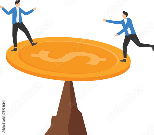 Group of business trying to balance a dollar coin-Save money to balance concept
