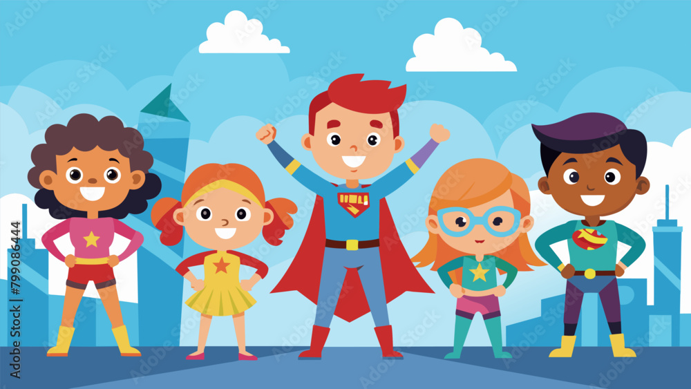 A group of kids practicing their superhero poses and catchphrases ready to defend their neighborhood from imaginary villains for a day. A group of kids practicing their superhero poses and catchphrases ready to defend their neighborhood from imaginary villains for a day.