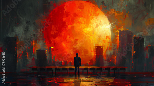 A man standing in front of the city skyline, In digital art style. Abstract painting. Ai Generative