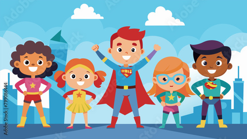 A group of kids practicing their superhero poses and catchphrases ready to defend their neighborhood from imaginary villains for a day. photo
