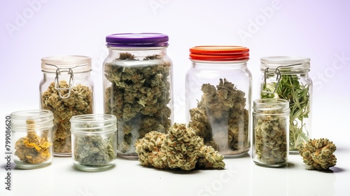 Sterilized cannabis samples, including flowers, leaves, or stems, await medical testing in a sealed jar. 