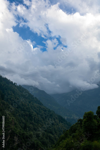Scenic view in Himalaya. Sunrise view from the dense forest. Kheerganga Trek is one of the most popular treks in Himachal Pradesh, India. Parvati Valley, Landscape photography