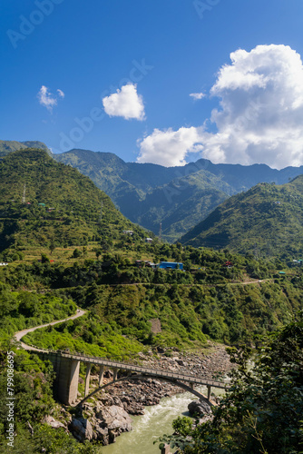 Scenic view in Himalaya. Sunrise view from the dense forest. Road from bhuntar to Kasol, for Tosh where kheerganga trek is popular in Himachal Pradesh, India. Parvati Valley, Landscape photography