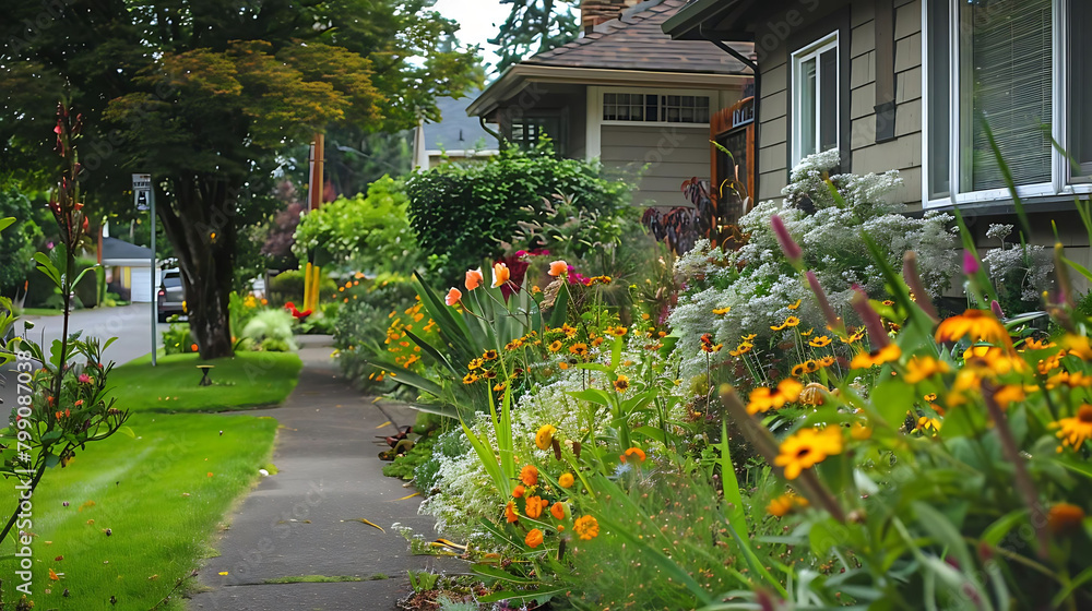 front yard bordering the road featuring a white house with a brick chimney, surrounded by green gra front yard bordering the road featuring a white house with a brick chimney, surrounded by green gra