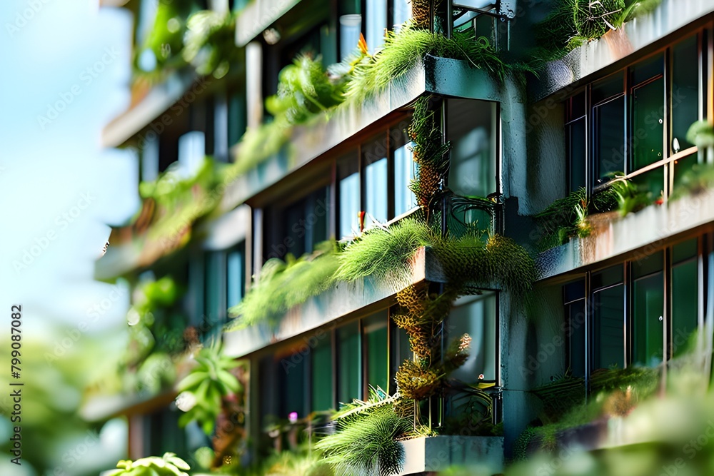 Creative Eco-Architecture with Plants and Green Terraces Contemporary architecture, green design, plants on balconies, surroundings, and climate change

