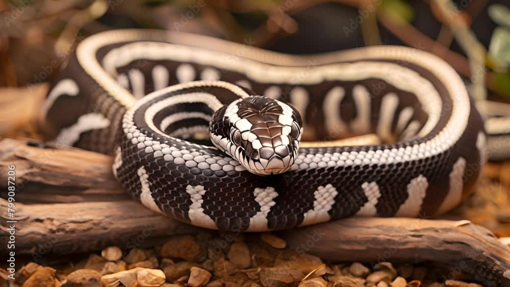 A black and white striped snake is curled up on a log. The snake is in a terrarium and he is resting A black and white striped snake is curled up on a log. The snake is in a terrarium and he is resting