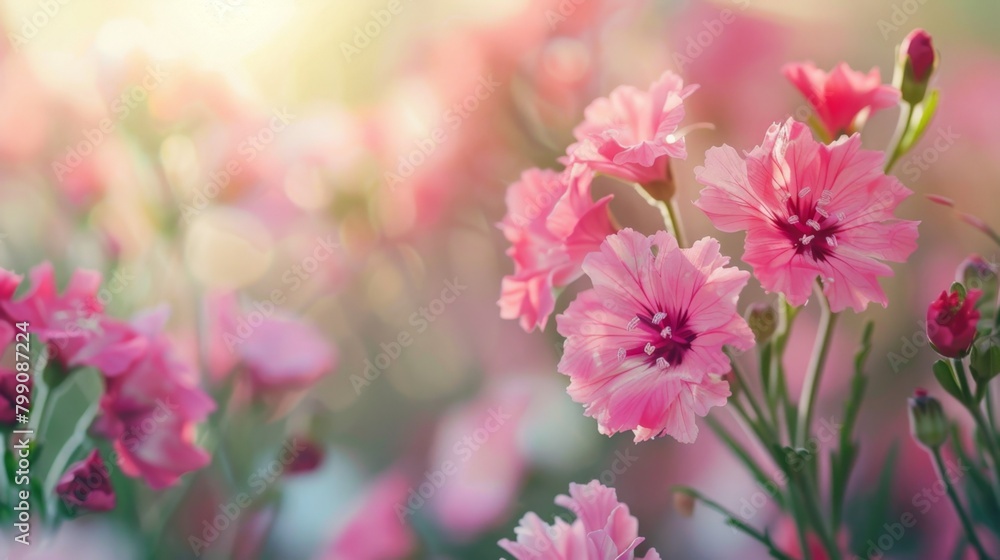 Pink flowers in field with sunlight background