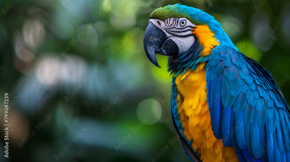 Fototapeta premium Vibrant close-up of a blue and yellow macaw parrot against a blurred green background. Generative AI