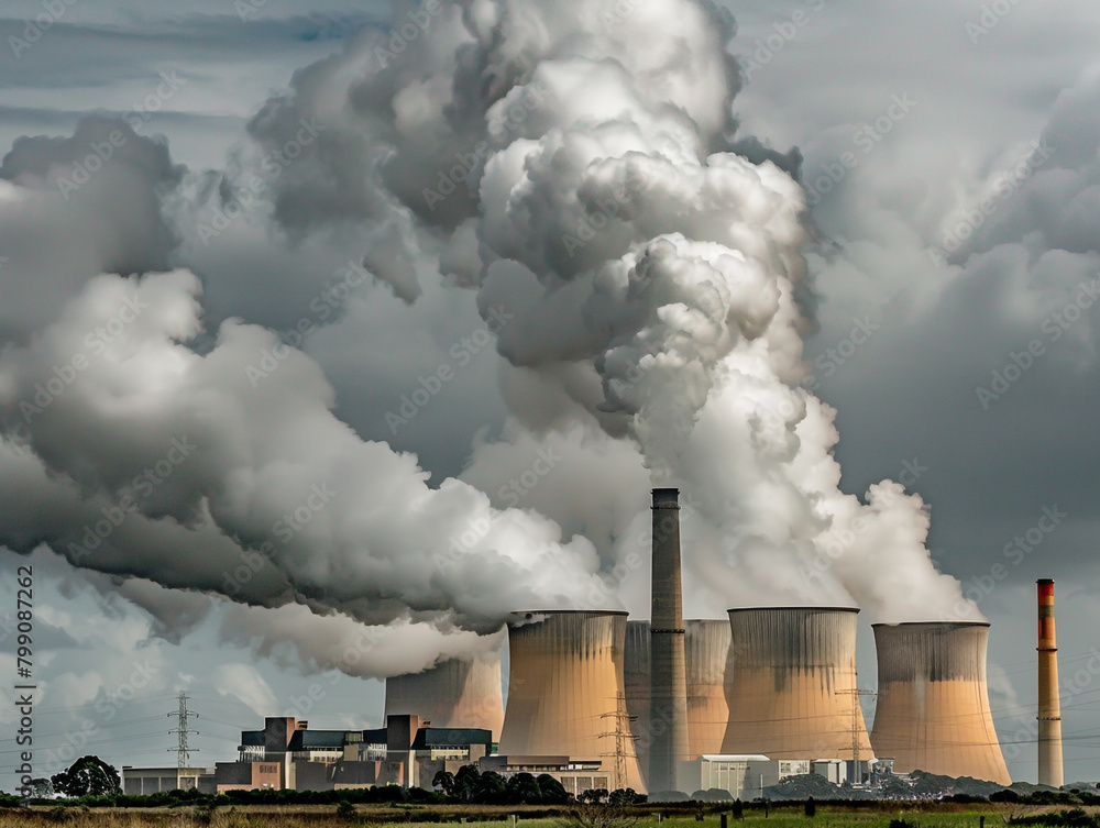 A power plant with large chimneys and smoke rising from them, symbolizing the use of coal for energy production. A power plant with large chimneys and smoke rising from them, symbolizing the use of coal for energy production.