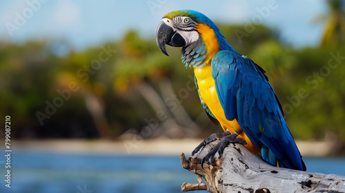 Vibrant close-up of a blue and yellow macaw parrot against a blurred green background. Generative AI