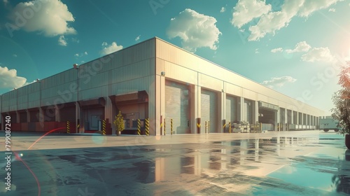 Exterior of warehouse building against blue sky background. AI generated image