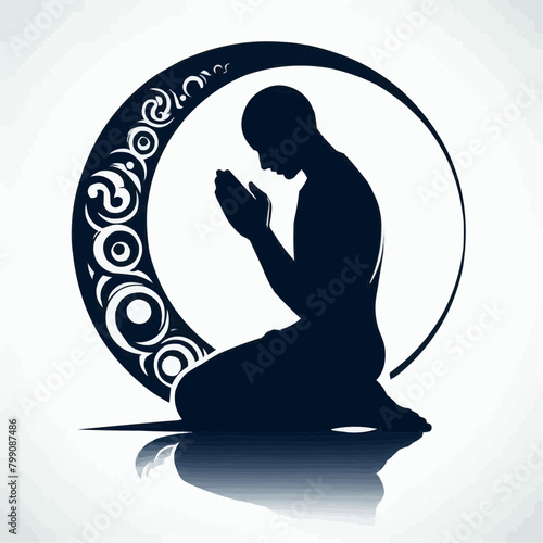 Silhouette vector illustration of a person sitting and praying on a white background.