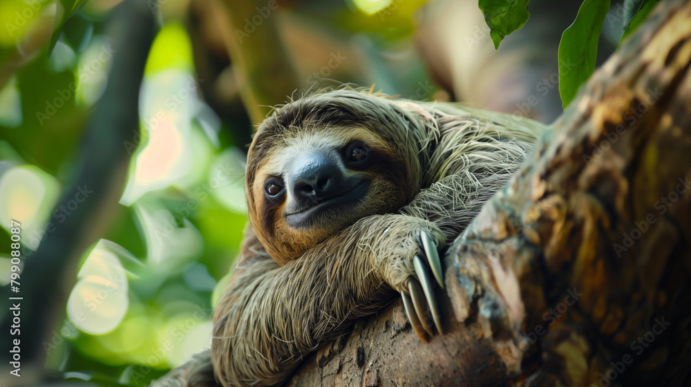 Fototapeta premium Close-up portrait of a smiling sloth clinging to a tree in a lush forest. Generative AI