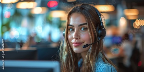 Beautiful young women with headset working at call center, Generative AI