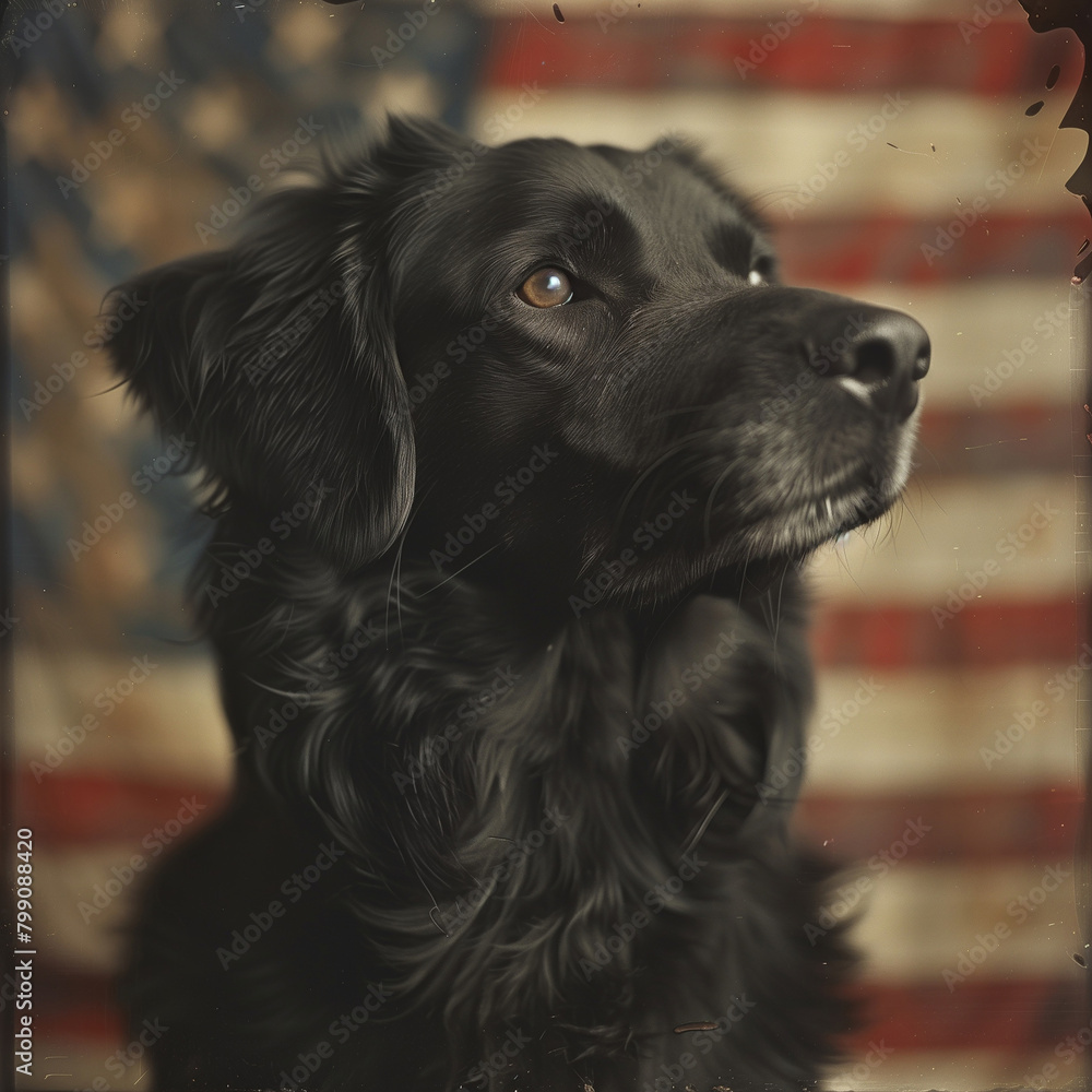 Black Labrador Retriever dog and the blurred USA flag on the background. Generative AI Black Labrador Retriever dog and the blurred USA flag on the background. Generative AI