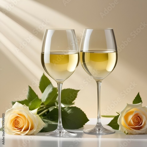 Two glasses of white wine, placed on a light beige background with shadows and fantastic highlights and reflecting bright sunlight in the daytime, a bouquet of flowers in a white vase