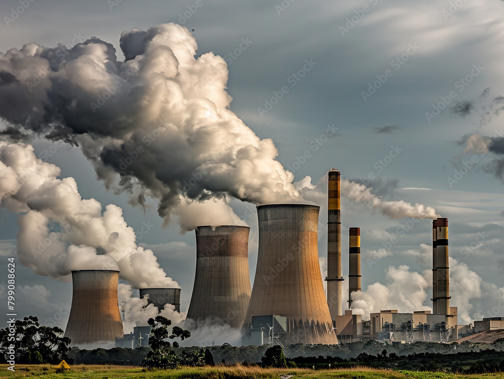 A power plant with large chimneys and smoke rising from them, symbolizing the use of coal for energy production. 