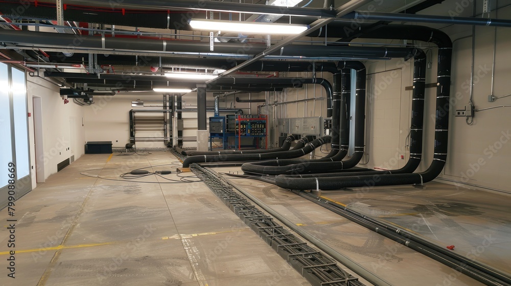 Industrial Factory equipment pipe and cables installation. AI generated image