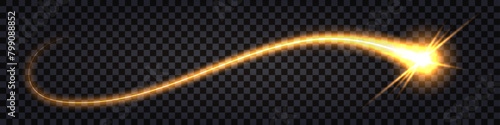 Gold glowing swirl wave, neon light effect, thunder bolt, dynamic impulse with electric strike, glowing line with burst explosion and shiny trail. Vector isolated transparent