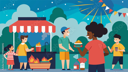 The smells of barbecue and smoke mingle at a crowded firework stand where families are eagerly selecting their favorite fireworks for a memorable. Vector illustration
