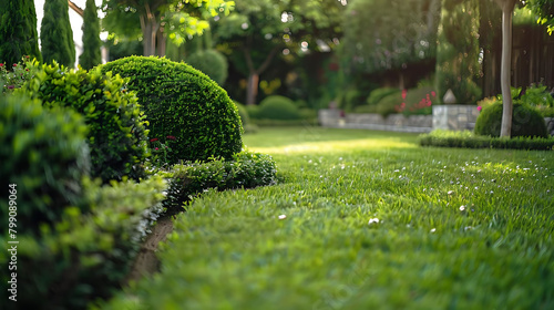 front yard with manicured lawn and sculptural bushes, featuring a green bush and a tall tree