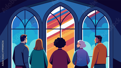 Inside an old church a group pauses to admire the stained glass windows prompting memories and reflections on the beauty of life.. Vector illustration