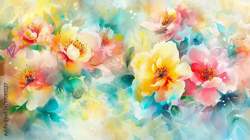 Watercolor painting,Flower Colors of July A bright mix of , pinks, yellows, light blues, pastels  With light green leaves. photo