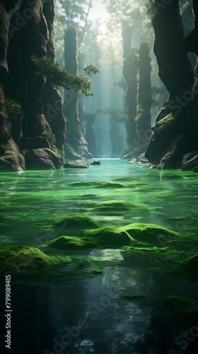 Circular Water Feature in Forest. Generative AI.